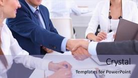  Presentation with shaking hands - Slide set featuring coalition - business people shaking hands finishing background and a light blue colored foreground