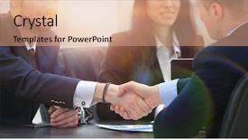  Presentation with handshake - Presentation having coalition - handshake financial partners sitting background and a  colored foreground