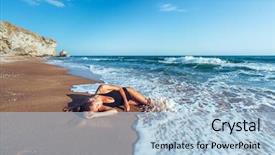  Presentation with shells beach summer holiday - Presentation with sleep waves - slim girl tanning and relaxing background and a  colored foreground