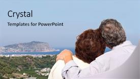  Presentation with pair eyes looking down - Slides featuring coast at summer day back background and a light blue colored foreground