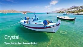  Presentation with long tailed boat fishing boat - PPT theme enhanced with coast of crete greece background and a ocean colored foreground