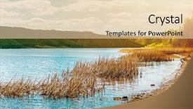  Presentation with sunshine - Colorful presentation theme enhanced with coast of the big river under sunshine beautiful river banks with green trees and bushes backdrop and a lemonade colored foreground