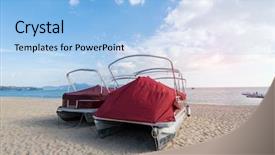  Presentation with plastic in the ocean - Colorful slides enhanced with coast protection - protective plastic wrap covering boat backdrop and a light blue colored foreground