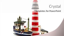  Presentation with seagull - Audience pleasing theme consisting of coast still life with lighthouse seagull and fishing boat backdrop and a white colored foreground