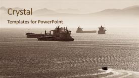  Presentation with ship shipping - PPT theme enhanced with coastal shipping - cargo ship with mountain silhouette background and a  colored foreground
