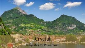  Presentation with city - Slide set having coastal shipping - city of riva del garda background and a coral colored foreground