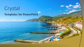  Presentation with sea port - Beautiful PPT theme featuring coastline-port-city backdrop and a light blue colored foreground