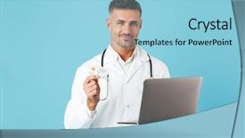  Presentation with medical laptop - PPT layouts having coat and stethoscope holding laptop background and a light blue colored foreground