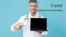 Presentation with medical laptop - PPT theme featuring coat and stethoscope holding laptop background and a  colored foreground