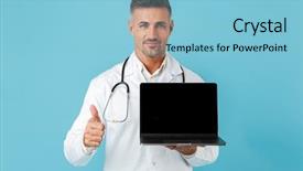  Presentation with medical laptop - Audience pleasing PPT layouts consisting of coat and stethoscope holding laptop backdrop and a  colored foreground