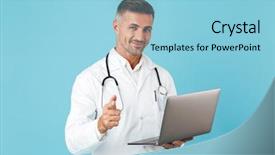  Presentation with medical laptop - Cool new theme with coat and stethoscope holding laptop backdrop and a  colored foreground