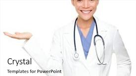  Presentation with asian doctor - Beautiful PPT theme featuring coat arms - young medical doctor woman presenting backdrop and a white colored foreground