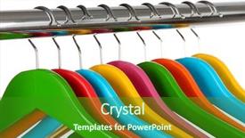  Presentation with clothes - Colorful presentation theme enhanced with coat many colors - colorful clothes hangers isolated backdrop and a forest green colored foreground