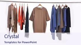  Presentation with clothes - Amazing PPT theme having coat many colors - female clothes on hangers-white background backdrop and a sky blue colored foreground