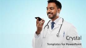  Presentation with healthcare technology - Amazing presentation theme having coat with stethoscope using voice backdrop and a light gray colored foreground