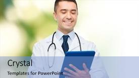  Presentation with medical profession - Amazing slide deck having coat with tablet pc computer backdrop and a  colored foreground