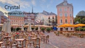  Presentation with city buildings - Cool new presentation with cobbled city square with outdoor restaurants among colorful buildings in riga latvia backdrop and a light blue colored foreground