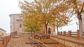  Presentation with trees - Presentation having cobblestone walkway trees and small parish church on background in foggy autumnal morning in piedmont northern italy background and a coral colored foreground