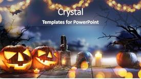  Presentation with spooky - Audience pleasing theme consisting of cobweb - spooky halloween pumpkins on wooden backdrop and a ocean colored foreground