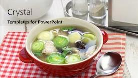  Presentation with soup - Presentation theme having cock-a-leekie-soup-scottish background and a mint green colored foreground