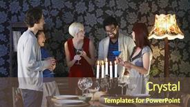  Presentation with dining table - Colorful presentation enhanced with cocktail dinner - group of multiethnic friends enjoying backdrop and a tawny brown colored foreground