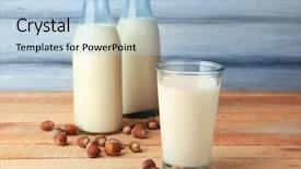  Presentation with milk - Presentation theme consisting of cocktail free - glass of tasty hazelnut milk background and a light blue colored foreground