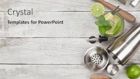  Presentation with cocktail bar - Amazing presentation theme having cocktail utensils set of bar tools and mojito cocktail on wooden table top view flat lay with copy space backdrop and a light gray colored foreground