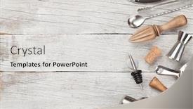  Presentation with cocktail bar - PPT theme featuring cocktail utensils set of bar tools on wooden table top view flat lay with copy space background and a light gray colored foreground