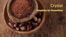  Presentation with cocoa beans - Slide deck enhanced with cocoa beans and grated dark chocolate in old texured spoons bowls on wood background and a tawny brown colored foreground