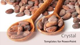 Presentation with cocoa beans - PPT theme with cocoa beans in wooden spoons isolated on white background and a coral colored foreground