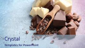  Presentation with cocoa - Amazing slide deck having cocoa nibs in wooden scoop and broken chocolate pieces on light background backdrop and a light blue colored foreground