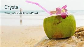  Presentation with coconut - Slide set consisting of coconut drink on the beach background and a sky blue colored foreground