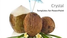  Presentation with coconut - Presentation theme featuring coconut drink with a straw and palm leaf isolated on white background background and a white colored foreground