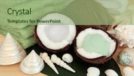  Presentation with coconut fruit - PPT theme featuring coconut fruit and spa products with moisturising cream towels and sea shells over bamboo and leaf background background and a mint green colored foreground