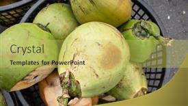  Presentation with coconut fruit - Slide set with coconut fruit at a basket in the traditional marketplace background and a yellow colored foreground