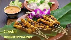  Presentation with sate - Presentation featuring coconut leaves - chicken satay sate ayam background and a tawny brown colored foreground