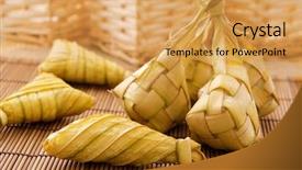  Presentation with dumpling - Slides consisting of coconut leaves - ketupat or packed rice dumpling background and a yellow colored foreground