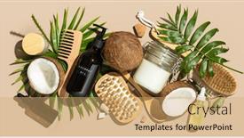  Presentation with oil products - Beautiful presentation theme featuring coconut-oil-and-natural-cosmetic backdrop and a coral colored foreground