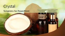  Presentation with green coconut - Presentation design enhanced with coconut oil in bottles background and a blonde colored foreground