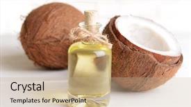  Presentation with coconut oil - PPT theme with coconut oil on table background and a coral colored foreground
