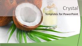  Presentation with vegan food - Audience pleasing presentation design consisting of coconut palm oil in a bottle with coconuts and green palm tree leaf isolated on a white background border design wide angle healthy food skin care concept vegan food backdrop and a lemonade colored foreground