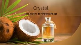  Presentation with aromatherapy oil - PPT theme with coconut palm oil in a bottle with coconuts and green palm tree leaf on brown background coco nut closeup healthy food skin care concept vegan food skincare treatments aromatherapy background and a coral colored foreground