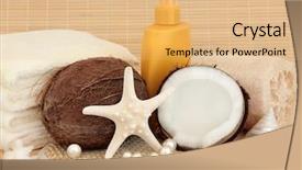  Presentation with sunscreen - Beautiful presentation theme featuring coconut spa accessories with sunscreen bottle shells towels exfoliating scrub over bamboo background backdrop and a coral colored foreground