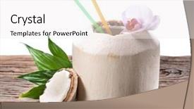  Presentation with coconut water - Theme enhanced with coconut water in the nut on a old wooden table file contains clipping paths background and a white colored foreground