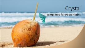  Presentation with coconut water - PPT layouts with coconut water nut on the beach background and a light blue colored foreground