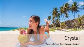  Presentation with summer drinking water - Theme having coconut water tropical travel destination background and a lemonade colored foreground