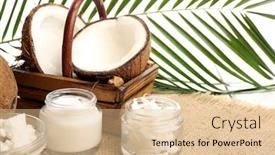  Presentation with natural cosmetic - Amazing PPT layouts having coconut with jars of coconut oil and cosmetic cream on sackcloth on natural background backdrop and a lemonade colored foreground