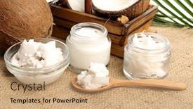 Presentation with natural cosmetic - Cool new slide deck with coconut with jars of coconut oil and cosmetic cream on sackcloth on natural background backdrop and a coral colored foreground