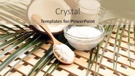  Presentation with coconut oil - Colorful presentation design enhanced with coconut with leaf and coconut oil in jar on wooden background backdrop and a lemonade colored foreground