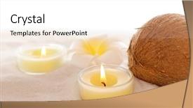  Presentation with plumeria - Audience pleasing PPT theme consisting of coconut with plumeria and candles on sand isolated on white backdrop and a white colored foreground